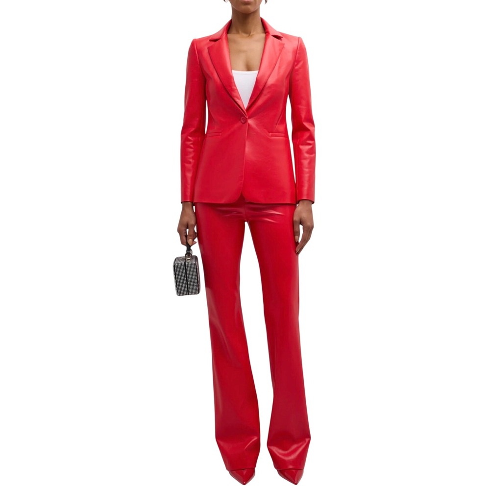 Alice + Olivia Red Vegan Leather Suit Blazer Sz 4 Pants Macey Wide Leg Sz 2
